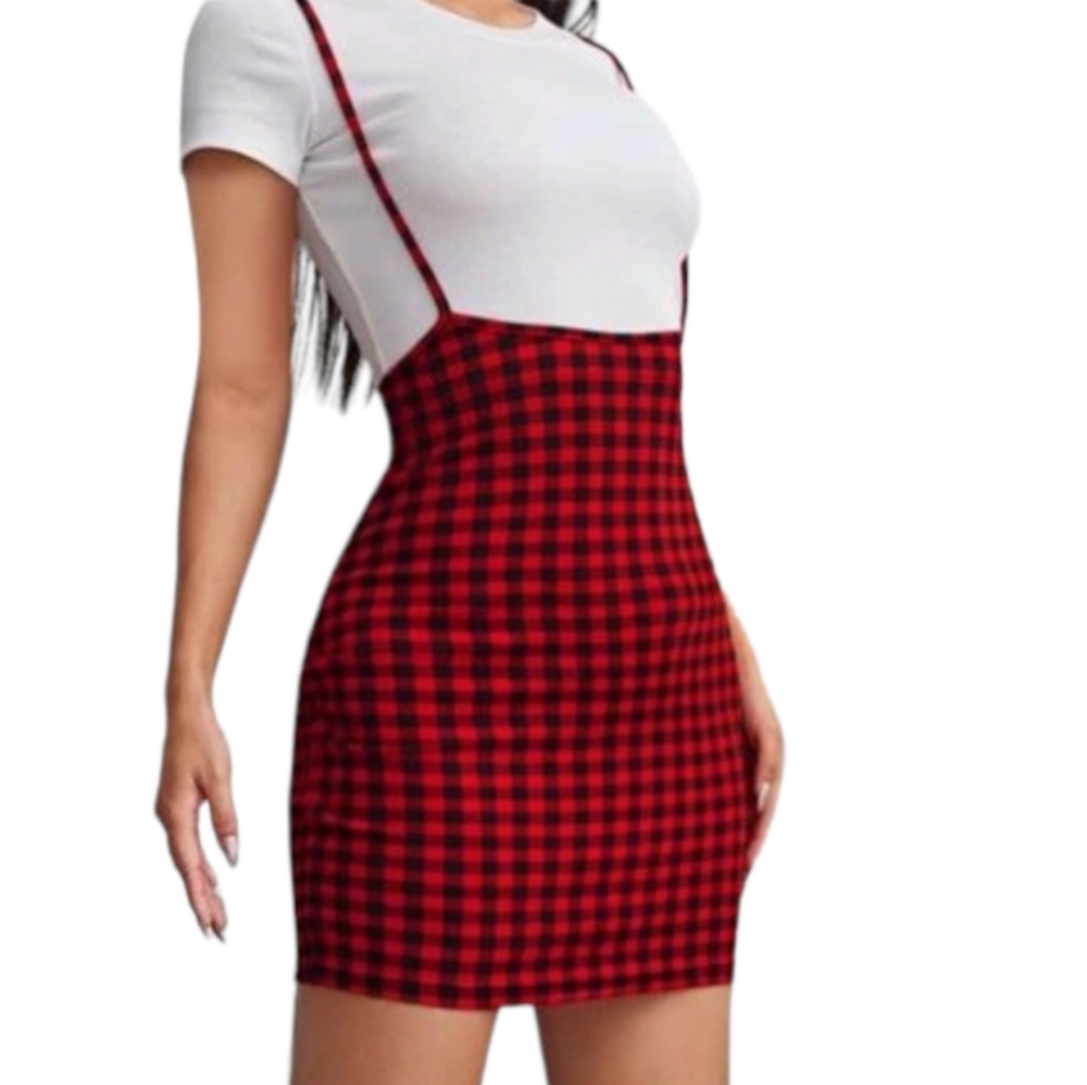 Gingham pattern overall dress